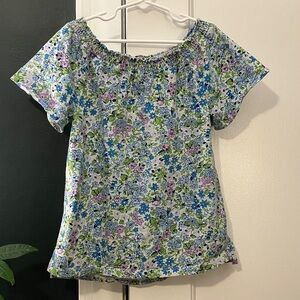 Lands' End Smocked Neck Floral Print Knit Top Girls Size S 7-8, Blue